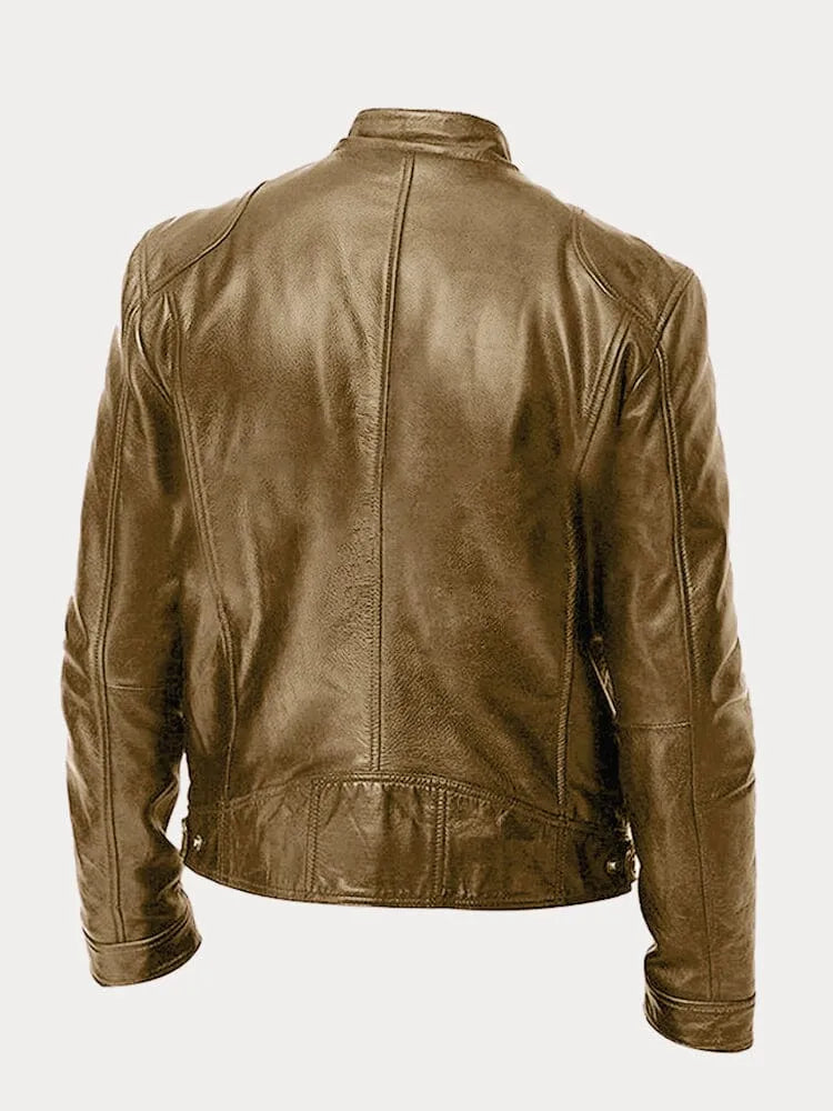 Chaqueta Hombre Cuero Sintético Cuello Alto Cremalleras Laterales