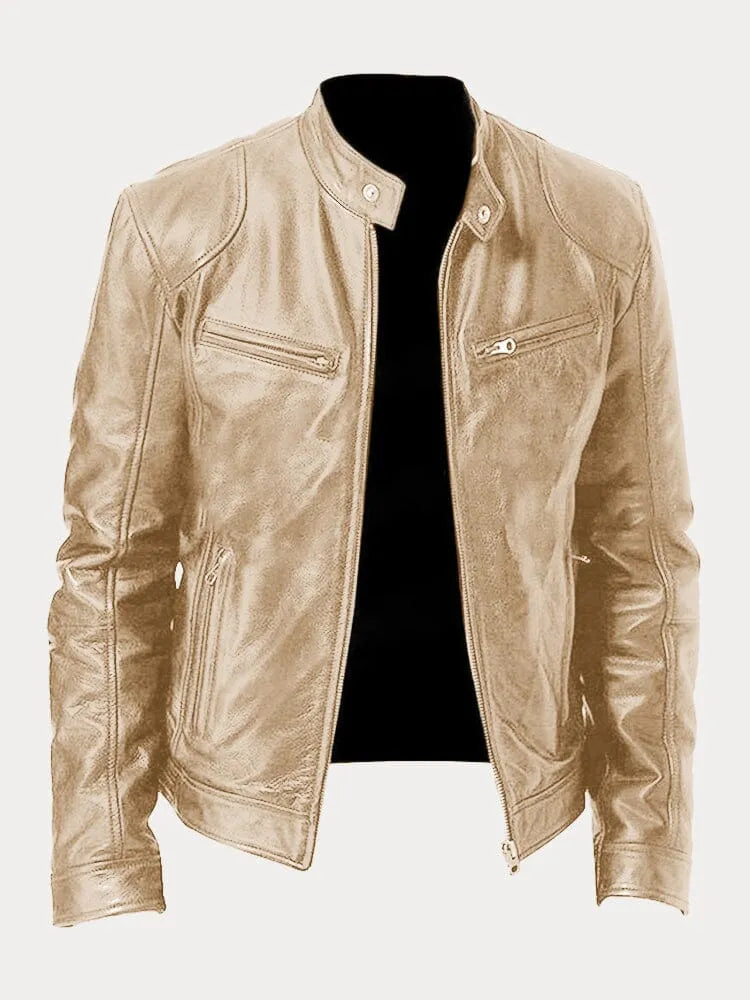 Chaqueta Hombre Cuero Sintético Cuello Alto Cremalleras Laterales