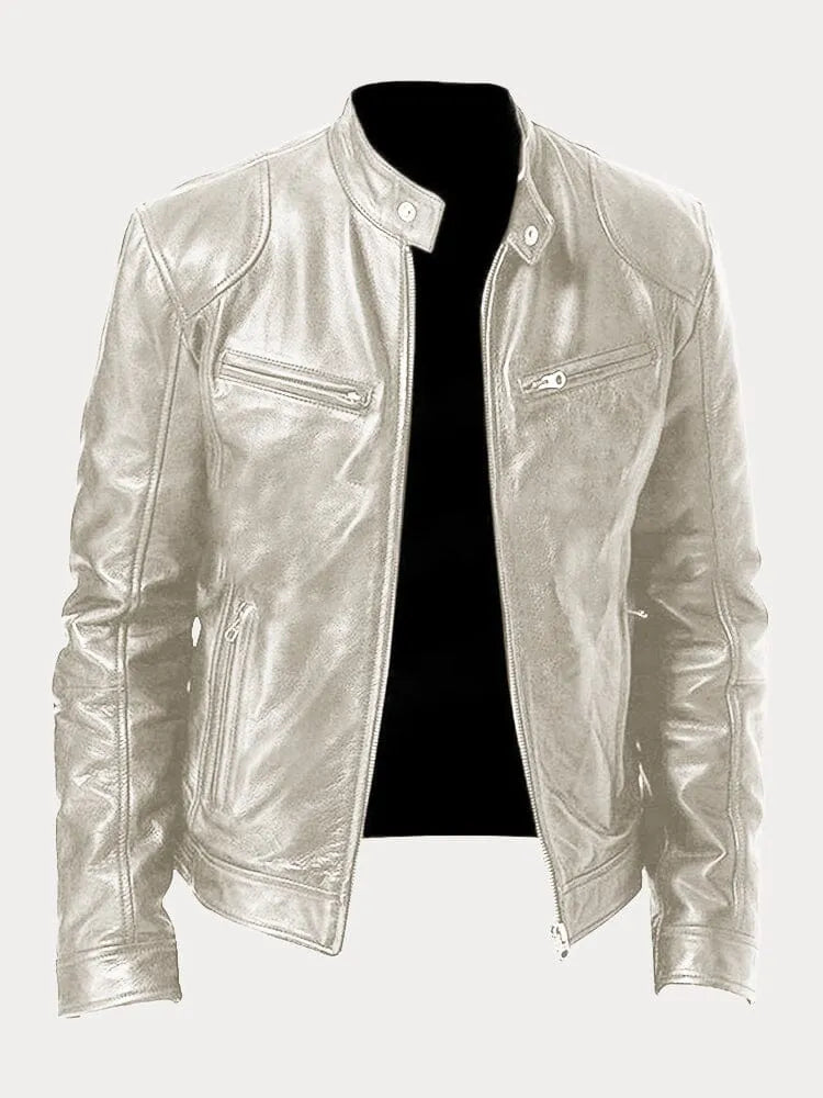 Chaqueta Hombre Cuero Sintético Cuello Alto Cremalleras Laterales