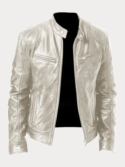 Chaqueta Hombre Cuero Sintético Cuello Alto Cremalleras Laterales