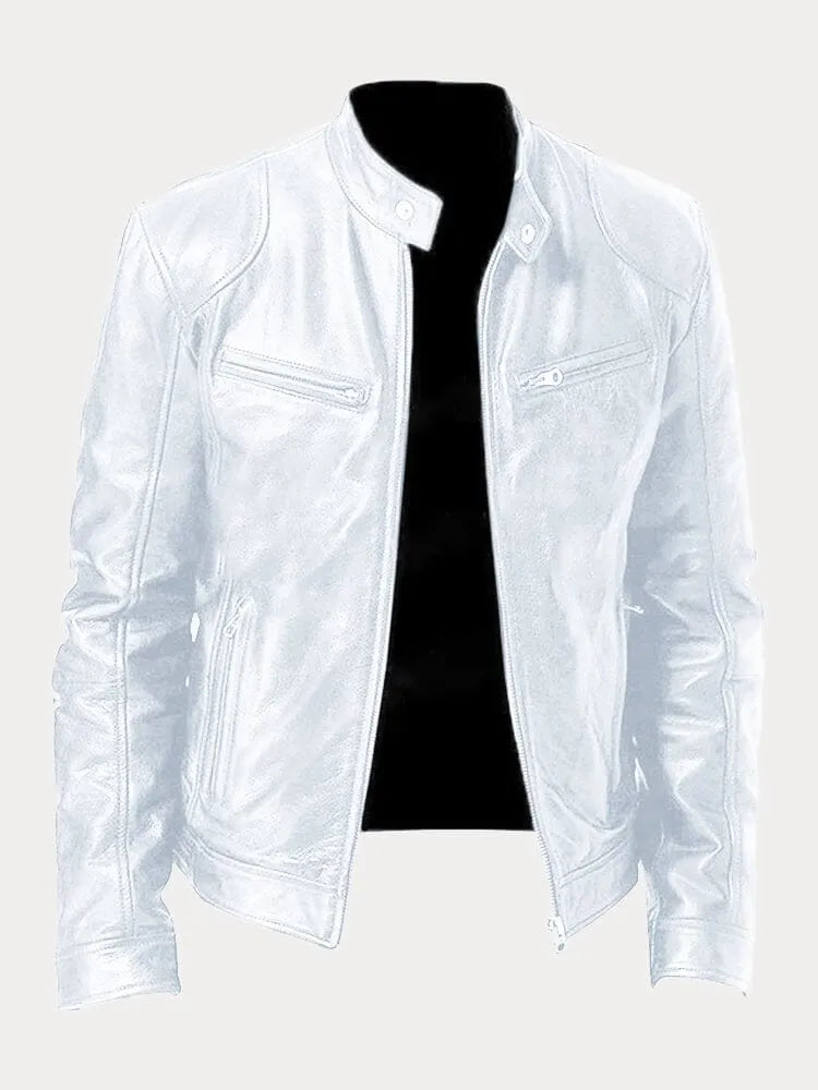 Chaqueta Hombre Cuero Sintético Cuello Alto Cremalleras Laterales