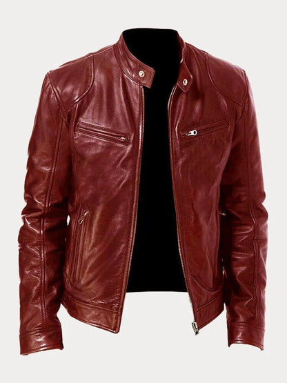Chaqueta Hombre Cuero Sintético Cuello Alto Cremalleras Laterales