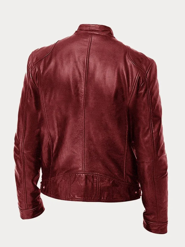 Chaqueta Hombre Cuero Sintético Cuello Alto Cremalleras Laterales