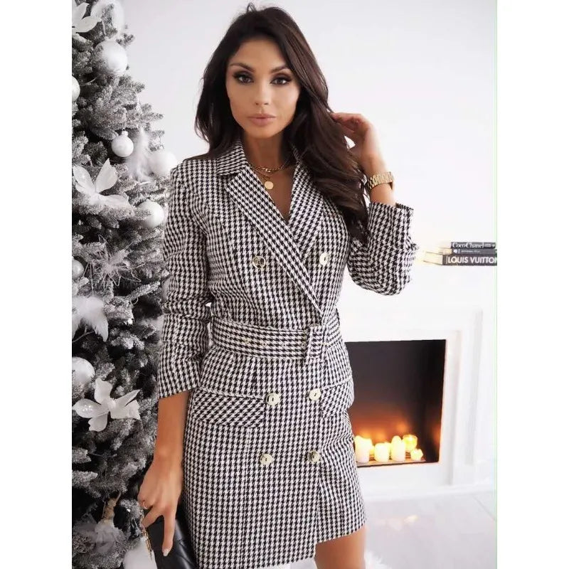 Vestido Blazer Mujer de Cuadros con Cinturón y Doble Botonadura