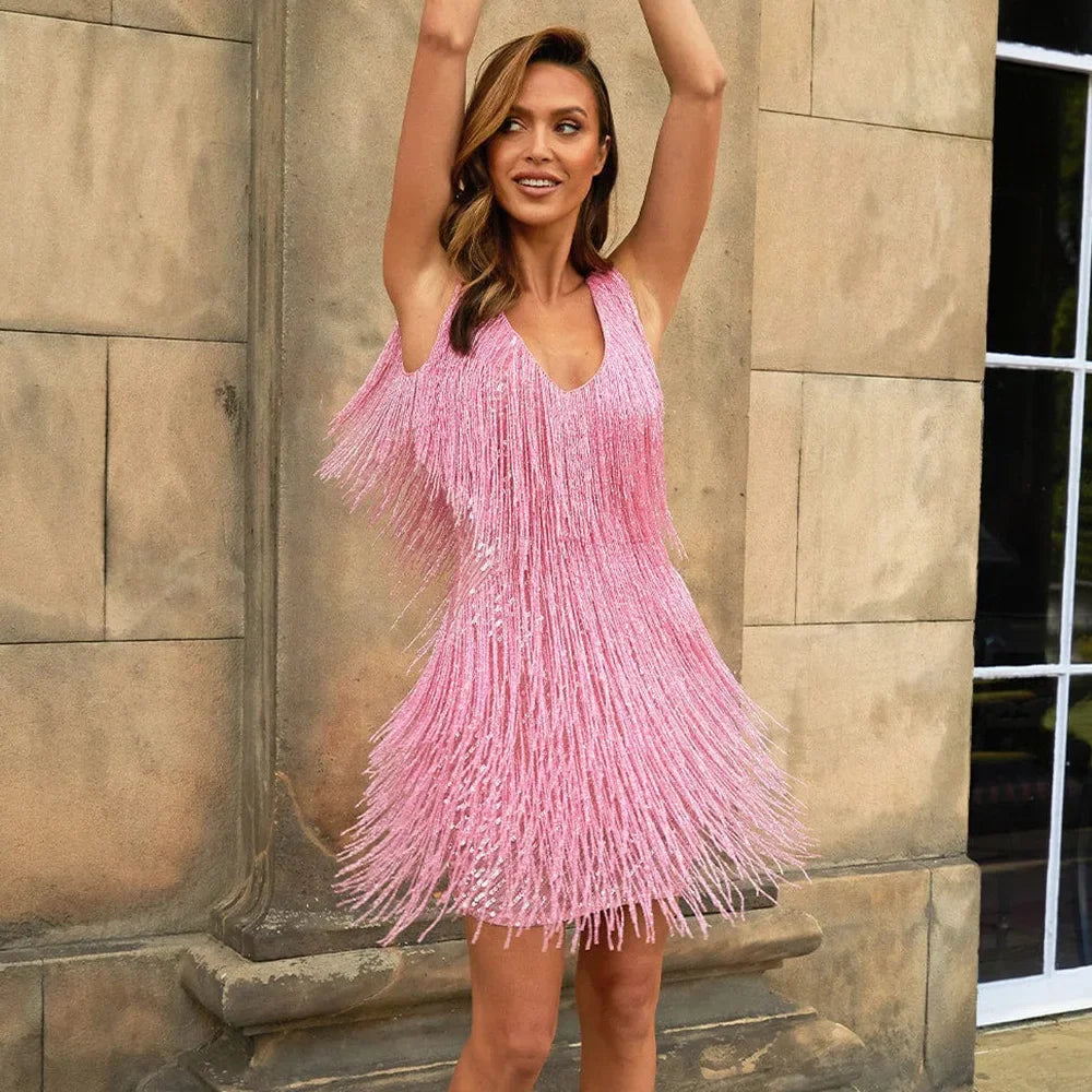 Vestido de cóctel mujer con flecos y plumas - Mavetta