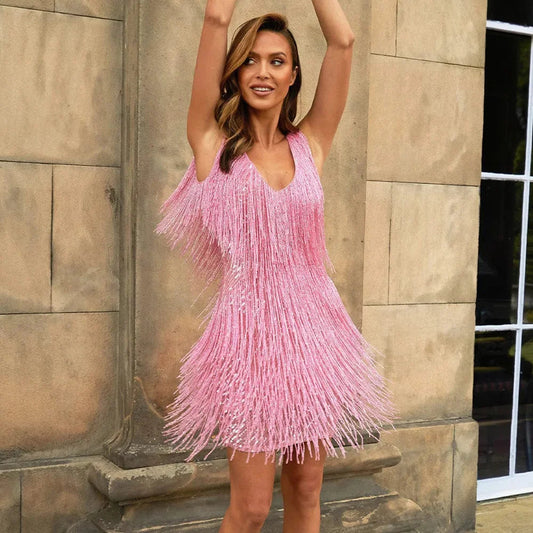 Vestido de cóctel mujer con flecos y plumas - Mavetta