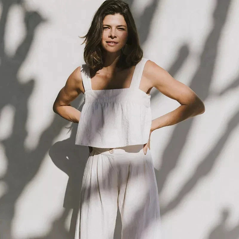 Culottes Mujer de Lino Talle Alto y Pliegues Frontales
