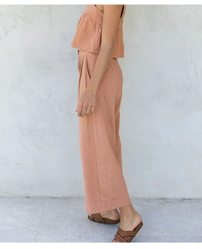 Culottes Mujer de Lino Talle Alto y Pliegues Frontales