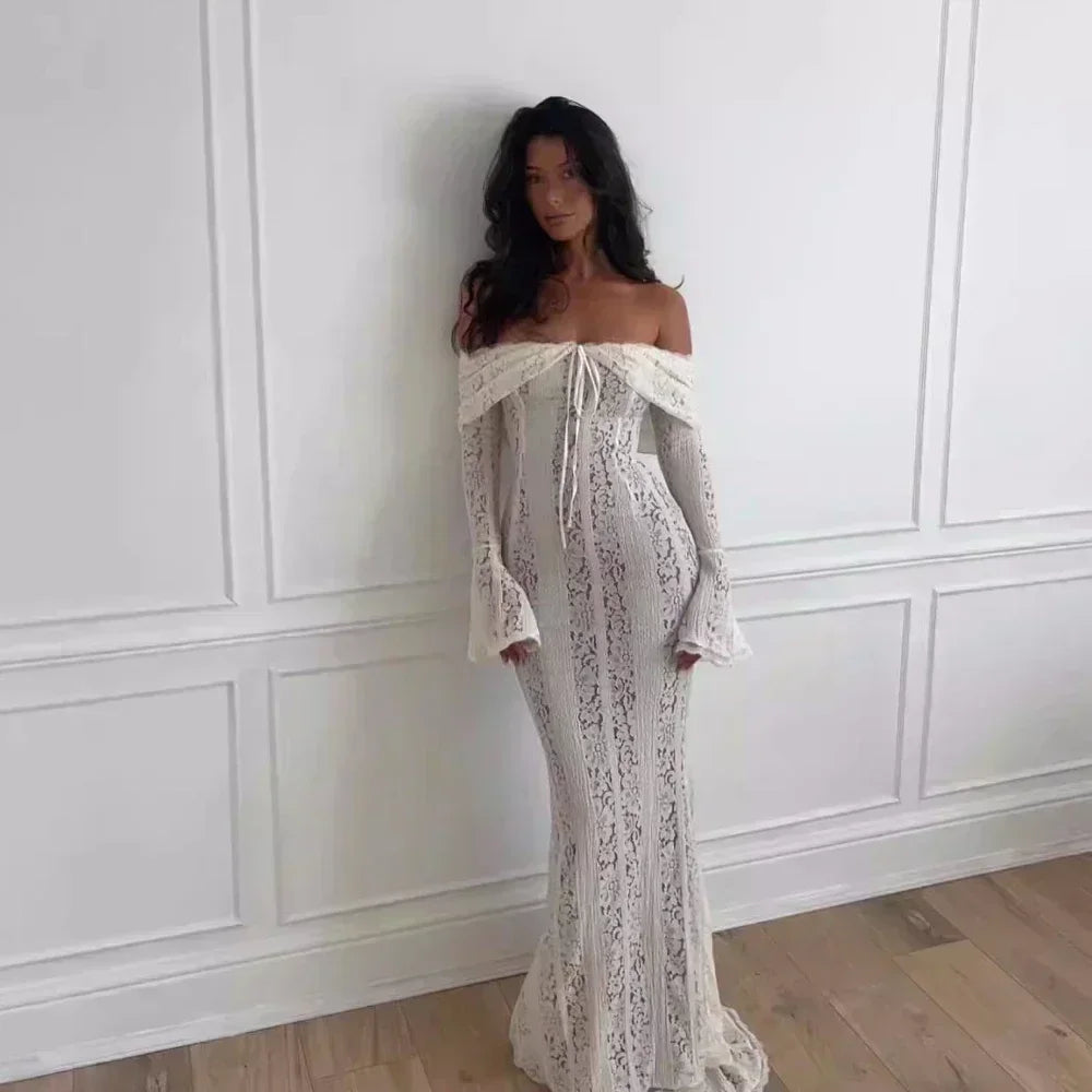 Vestido maxi mujer con hombros descubiertos y mangas largas