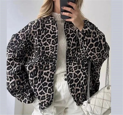 Chaqueta Bomber Mujer de Tela Estampada Cremallera Frontal