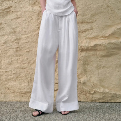 Pantalones Mujer de Lino Pierna Ancha Cintura Alta Elástica