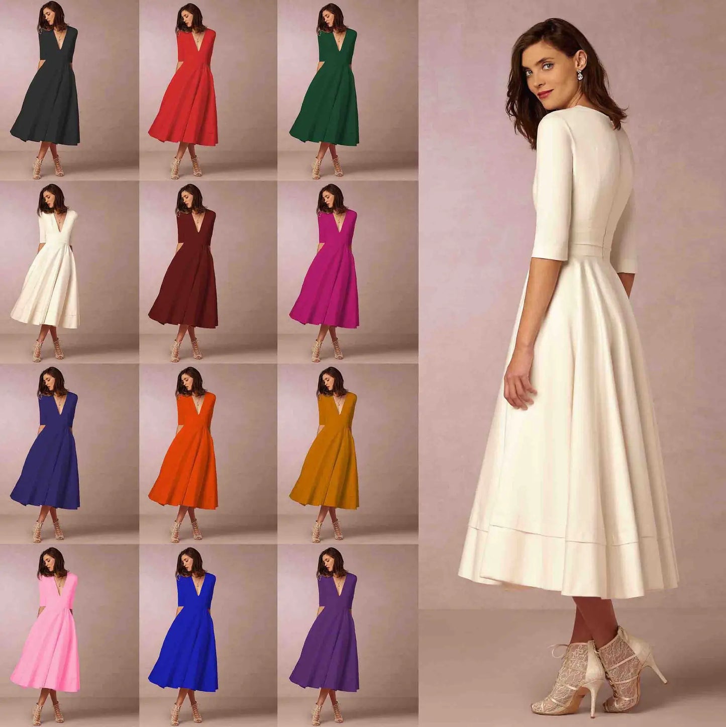 Vestido midi mujer Escote en V Mangas al Codo