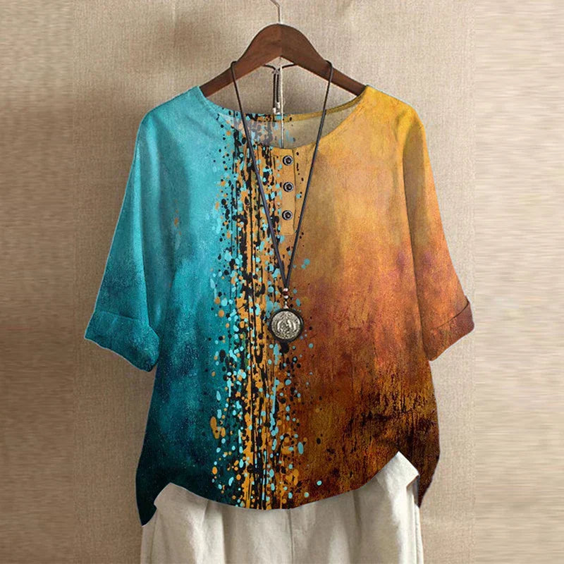 Blusa Mujer Estampada Cuello Redondo Botones Ajuste Retro