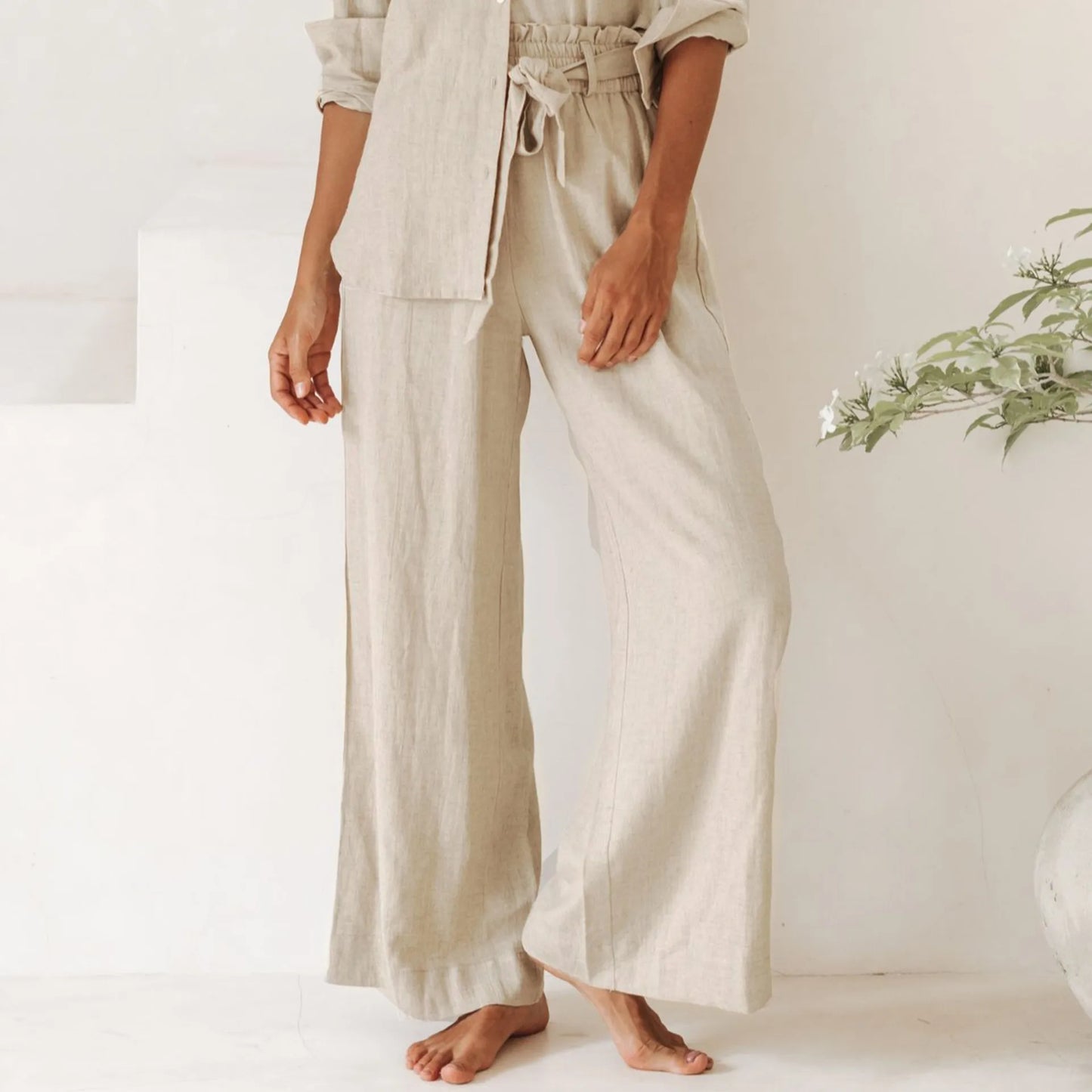 Pantalones Mujer de Lino Pierna Ancha Cintura Elástica Lazo