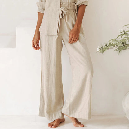 Pantalones Mujer de Lino Pierna Ancha Cintura Elástica Lazo