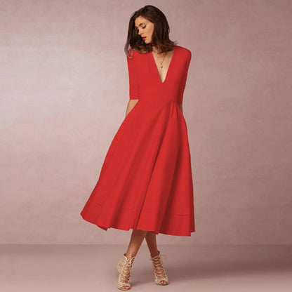 Vestido midi mujer Escote en V Mangas al Codo