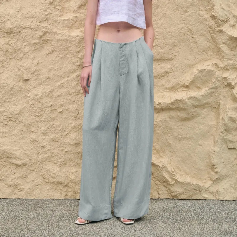 Pantalones Mujer de Lino Pierna Ancha Cintura Alta Elástica