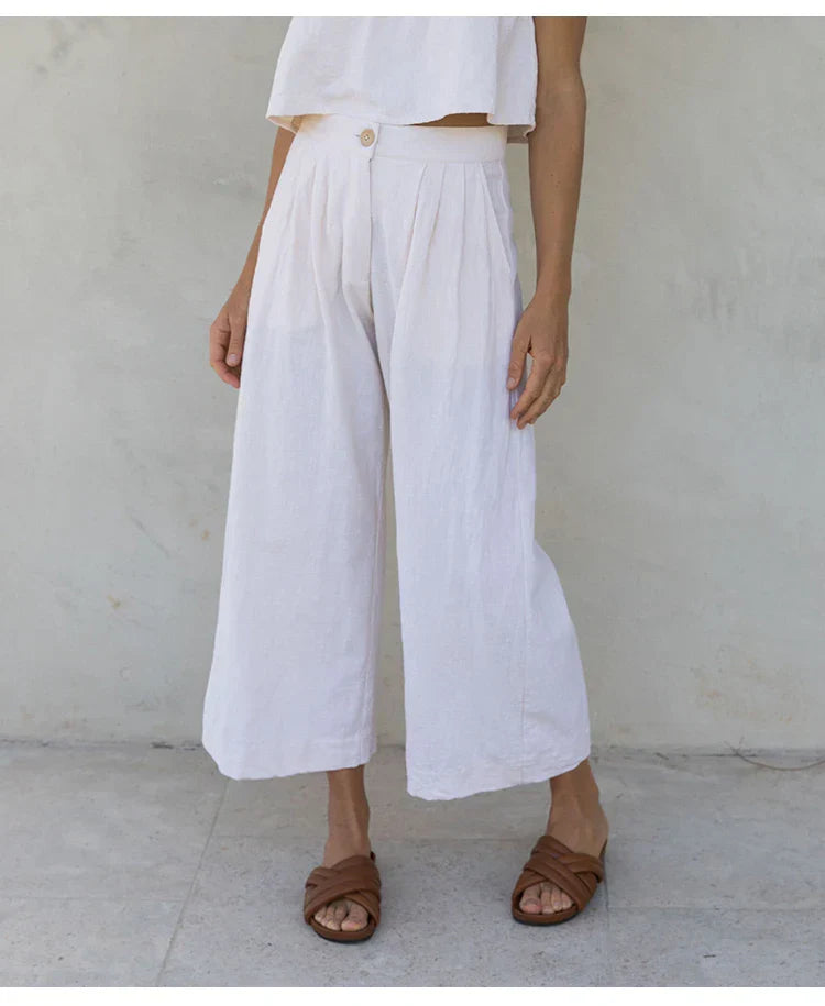 Culottes Mujer de Lino Talle Alto y Pliegues Frontales