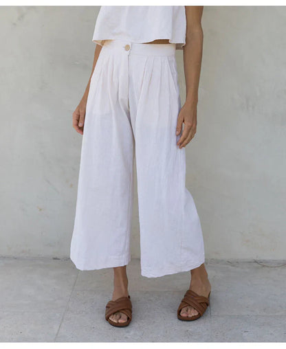 Culottes Mujer de Lino Talle Alto y Pliegues Frontales