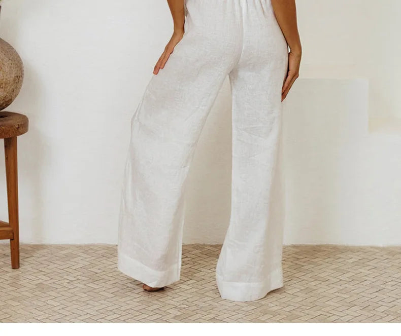 Pantalones Mujer de Lino Pierna Ancha Cintura Elástica Lazo