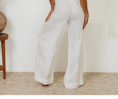Pantalones Mujer de Lino Pierna Ancha Cintura Elástica Lazo