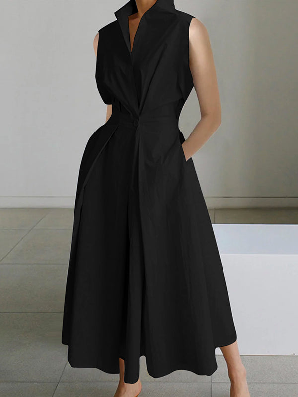 Vestido midi Mujer cuello camisero sin mangas
