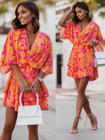 Vestido mini mujer Estampado floral Escote en V Mangas largas