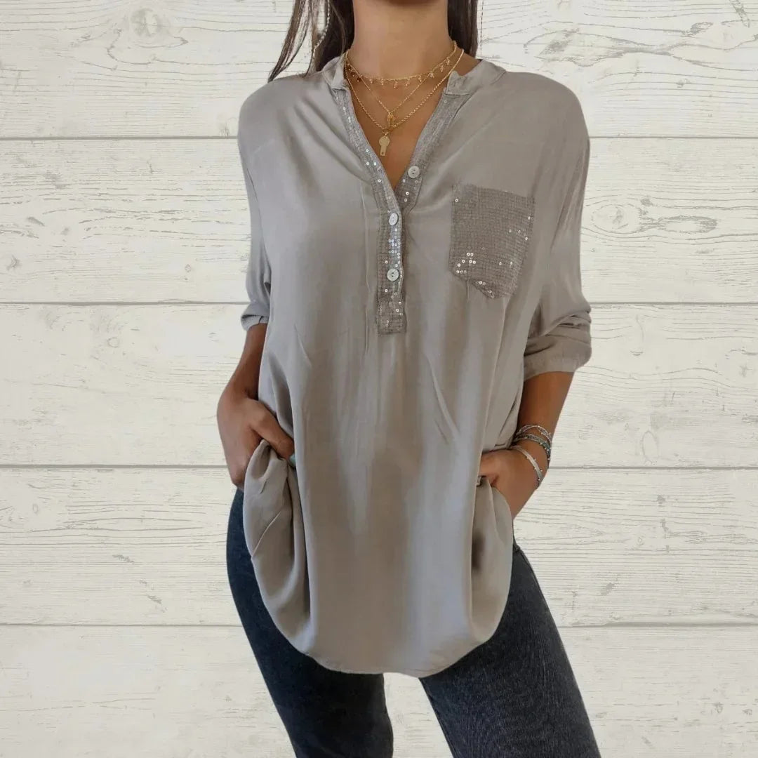Blusa mujer casual con botones y detalles de lentejuelas