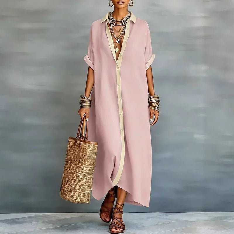 Vestido camisa mujer de lino largo estilo fresco verano