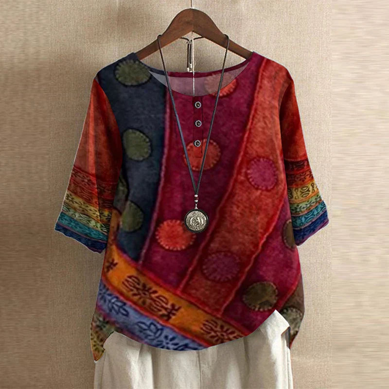 Blusa Mujer Estampada Cuello Redondo Botones Ajuste Retro
