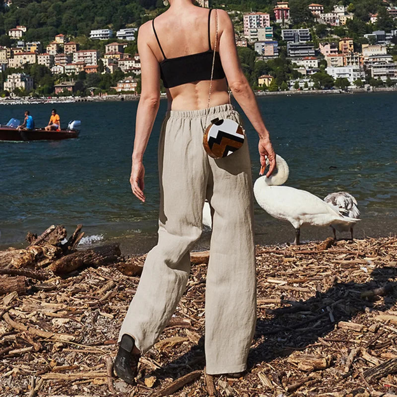 Pantalones Playa Mujer Mezcla de Lino y Algodón Pierna Ancha