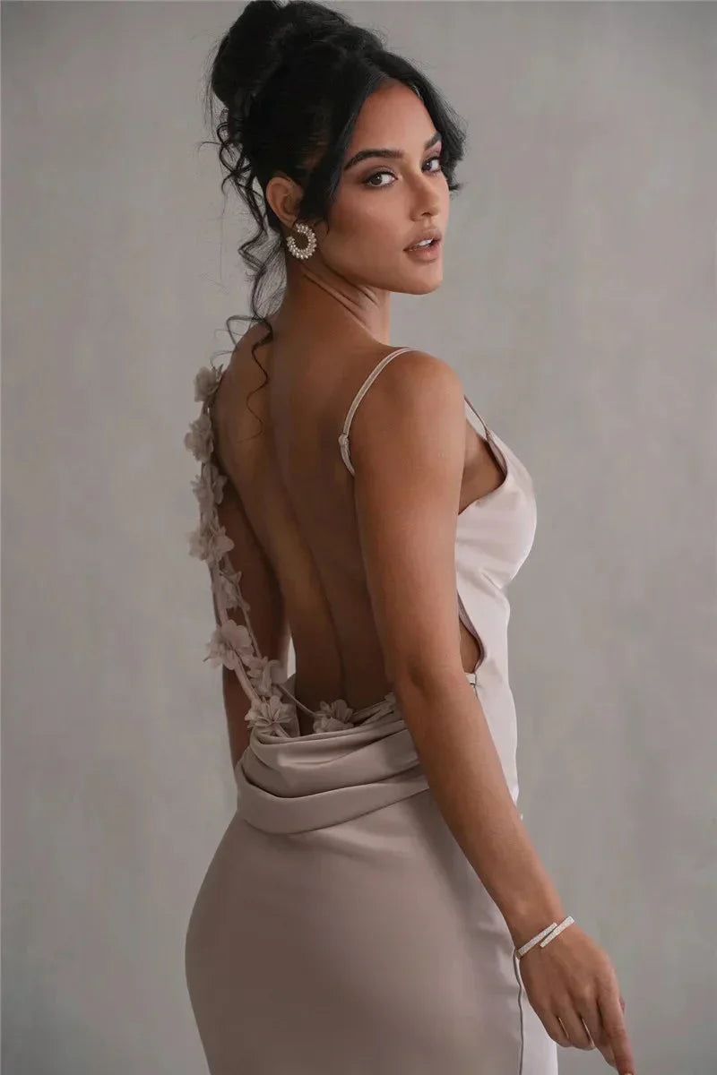 Vestido maxi mujer de satén con cuello cascada