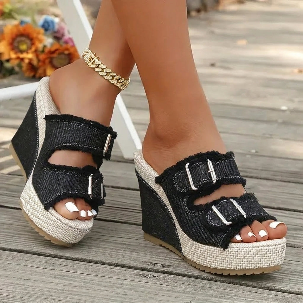 Sandalias Mujer Cuña Piel Hebillas Estilo Vaquero