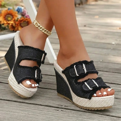 Sandalias Mujer Cuña Piel Hebillas Estilo Vaquero