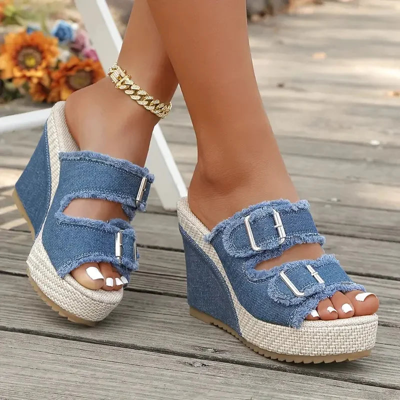 Sandalias Mujer Cuña Piel Hebillas Estilo Vaquero - Mavetta