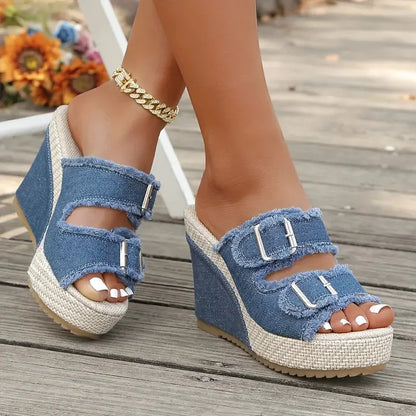 Sandalias Mujer Cuña Piel Hebillas Estilo Vaquero - Mavetta