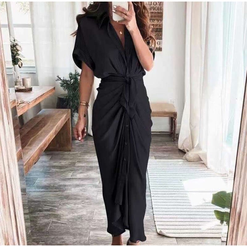 Vestido largo mujer de satén drapeado con lazo en cintura