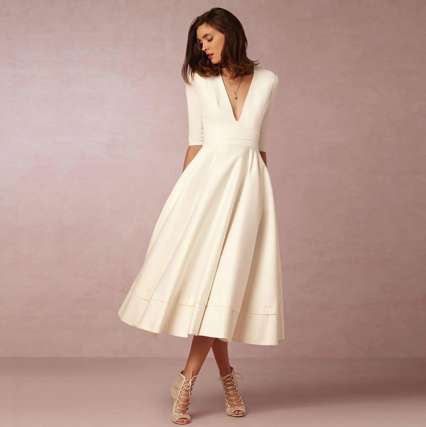 Vestido midi mujer Escote en V Mangas al Codo - Mavetta