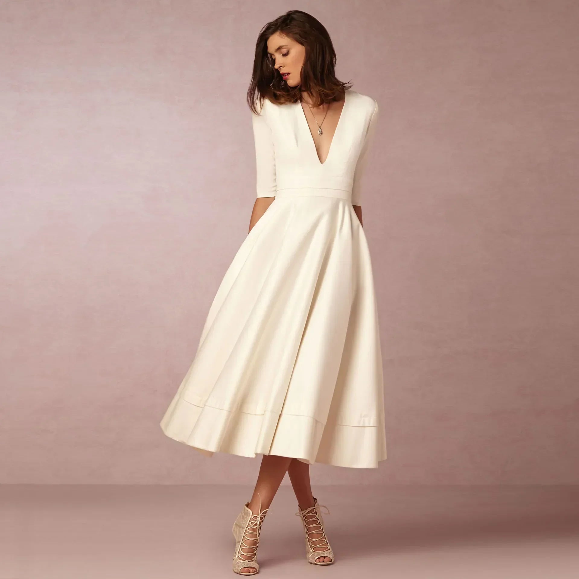 Vestido midi mujer Escote en V Mangas al Codo - Mavetta