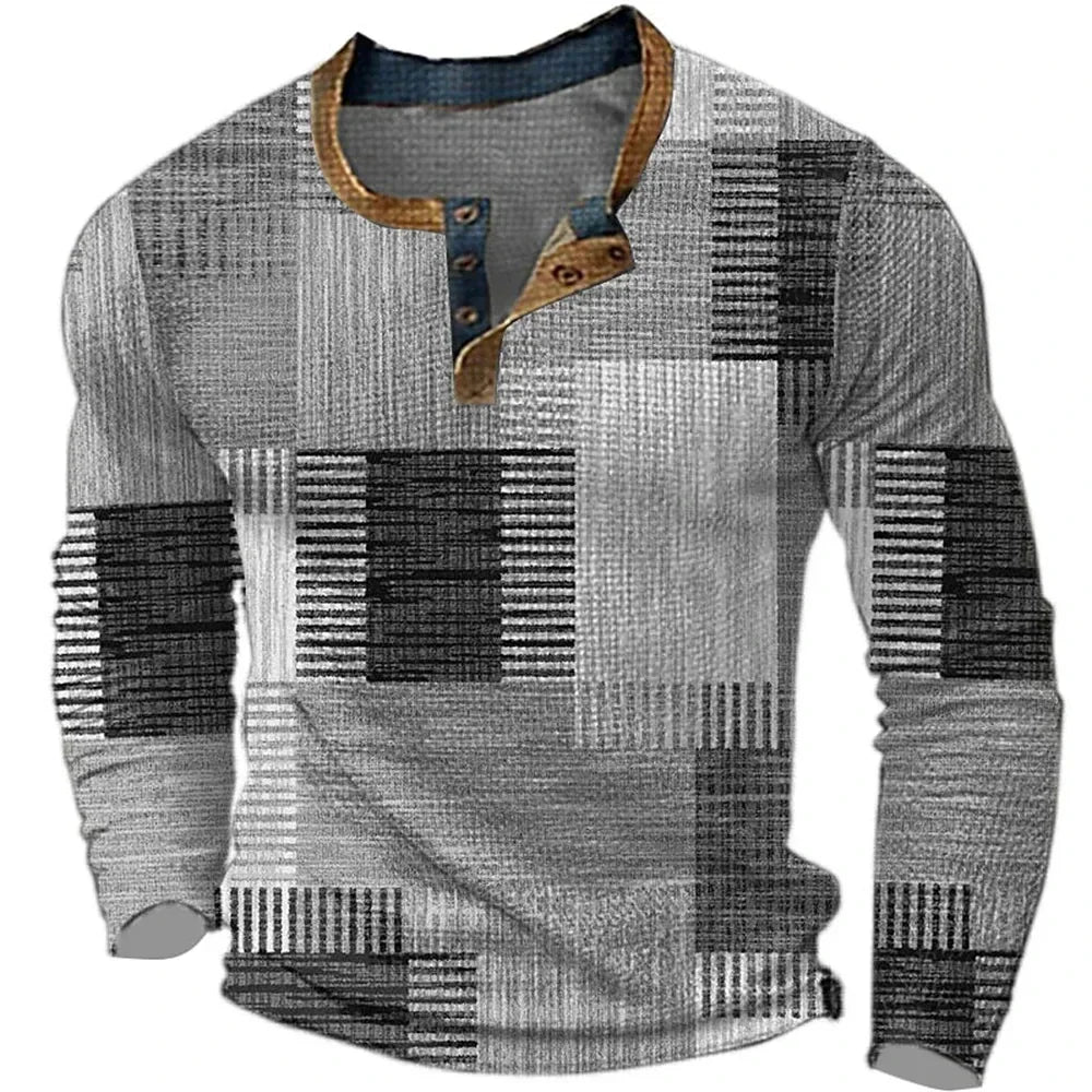 Camiseta hombre manga larga cuello henley patchwork casual