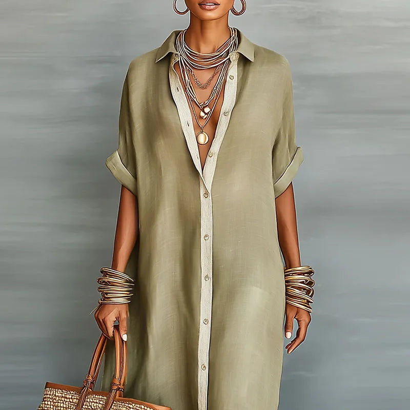 Vestido camisa mujer de lino largo estilo fresco verano