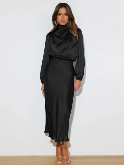 Vestido midi mujer Cuello alto Mangas largas