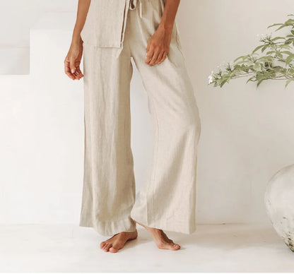 Pantalones Mujer de Lino Pierna Ancha Cintura Elástica Lazo