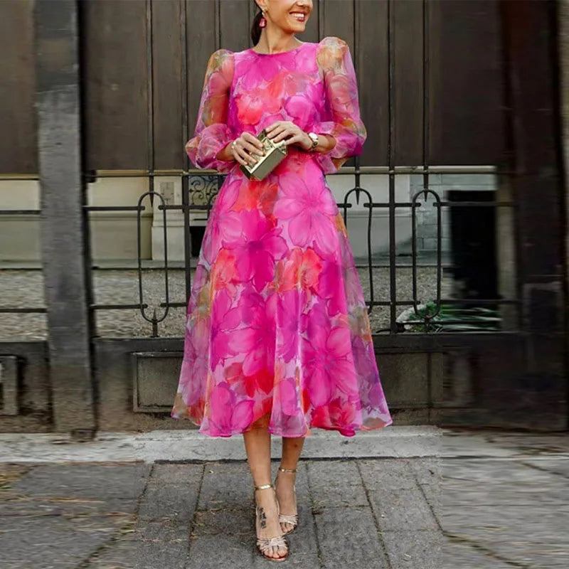 Vestido midi mujer para boda con mangas abullonadas - Mavetta