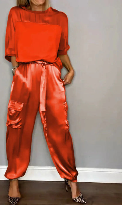 Conjunto Mujer Satén Suelto y Pantalón Cargo