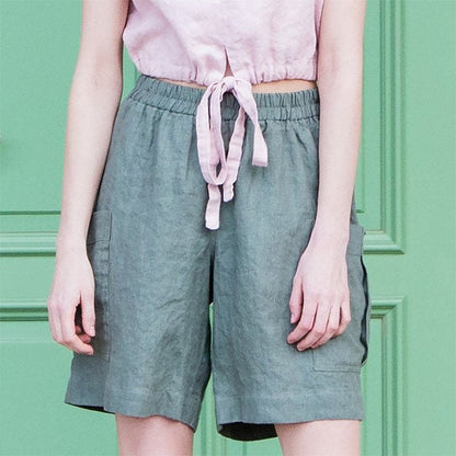 Pantalones Cortos Mujer de Lino Estilo Cargo Cintura Alta Elástica