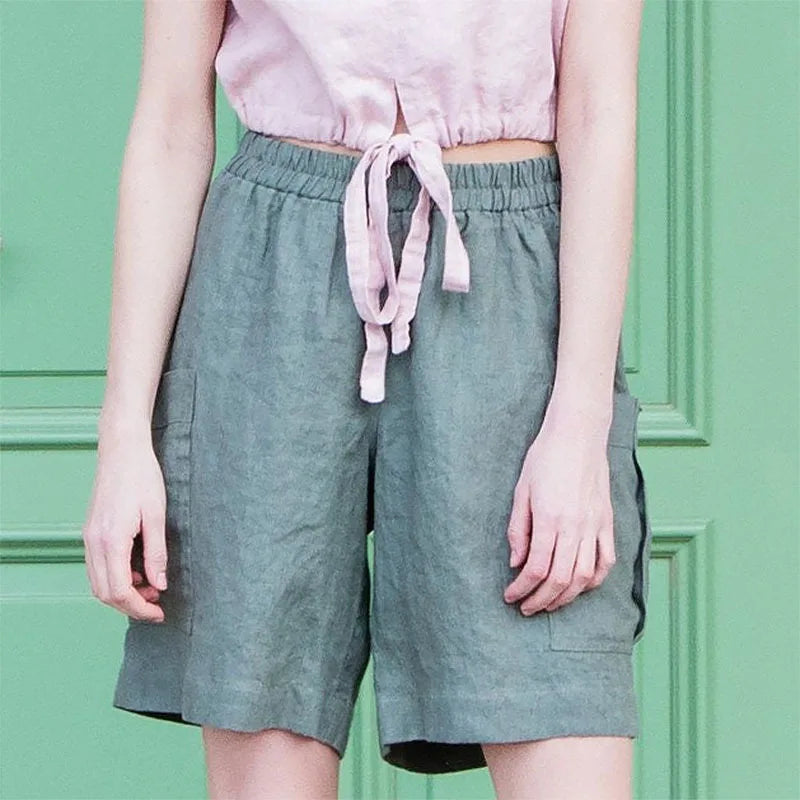 Pantalones Cortos Mujer de Lino Estilo Cargo Cintura Alta Elástica