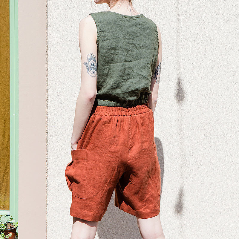 Pantalones Cortos Mujer de Lino Estilo Cargo Cintura Alta Elástica