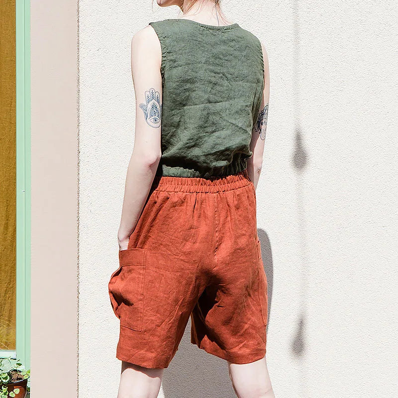 Pantalones Cortos Mujer de Lino Estilo Cargo Cintura Alta Elástica