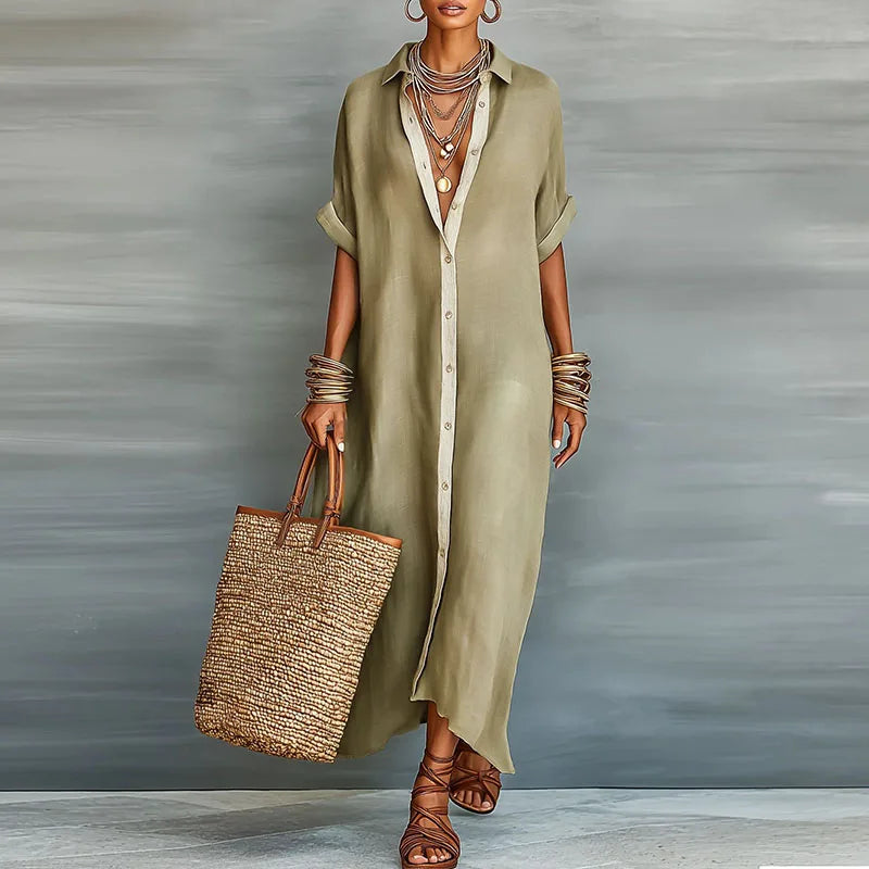 Vestido camisa mujer de lino largo estilo fresco verano